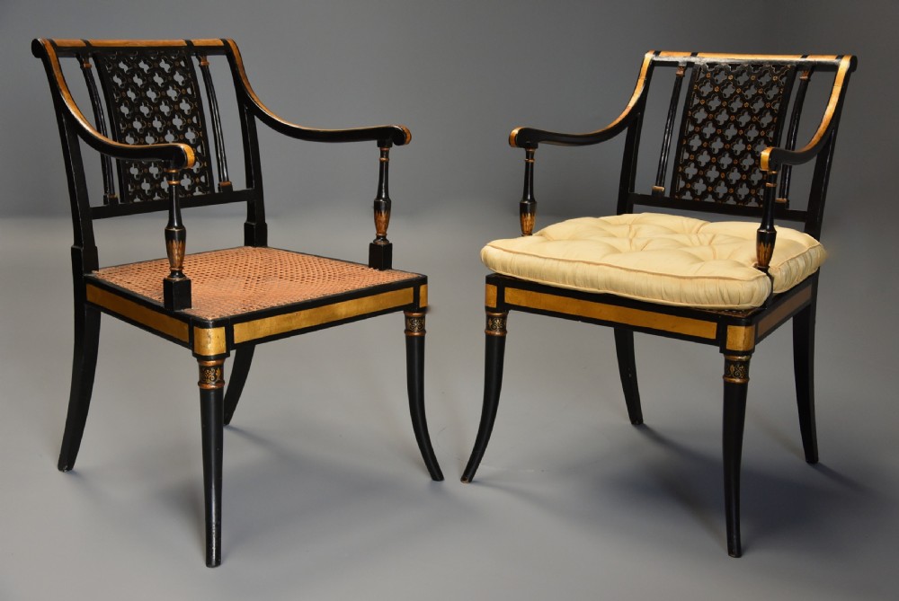 Highly decorative set of six Regency painted & gilt open armchairs View IV