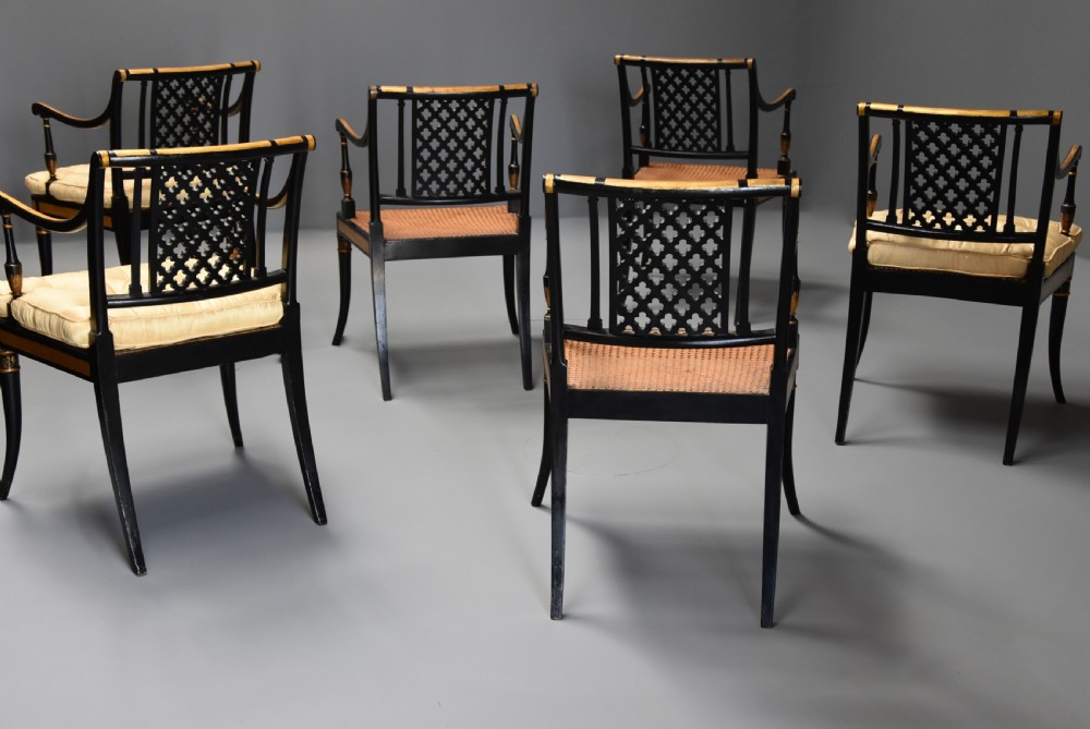 Highly decorative set of six Regency painted & gilt open armchairs View X