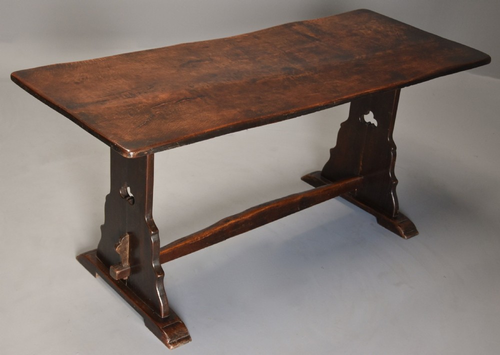 Early 20th century Arts & Crafts oak pegged trestle table with superb patina View III