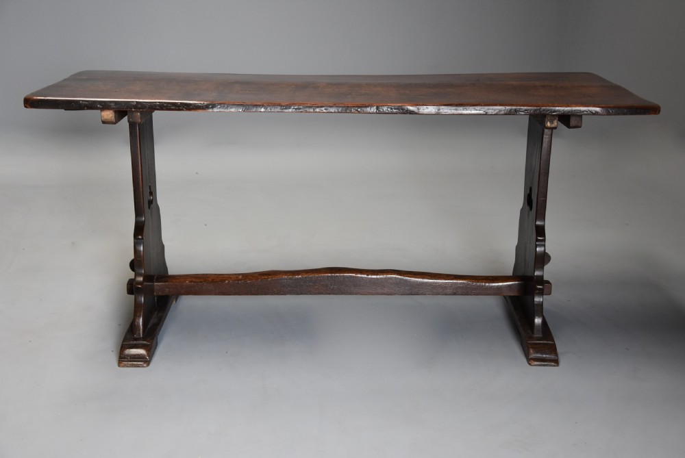 Early 20th century Arts & Crafts oak pegged trestle table with superb patina View IV