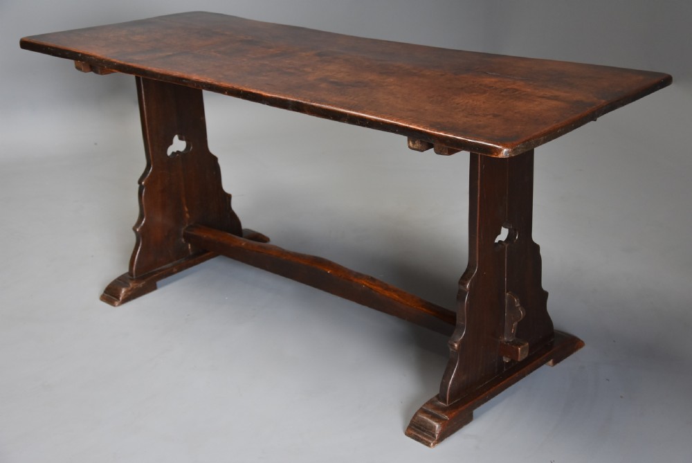 Early 20th century Arts & Crafts oak pegged trestle table with superb patina View V