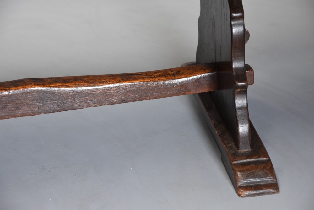 Early 20th century Arts & Crafts oak pegged trestle table with superb patina View VIII