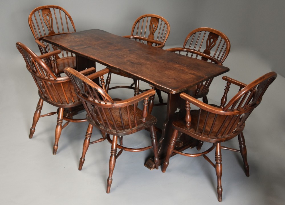 Early 20th century Arts & Crafts oak pegged trestle table with superb patina View X