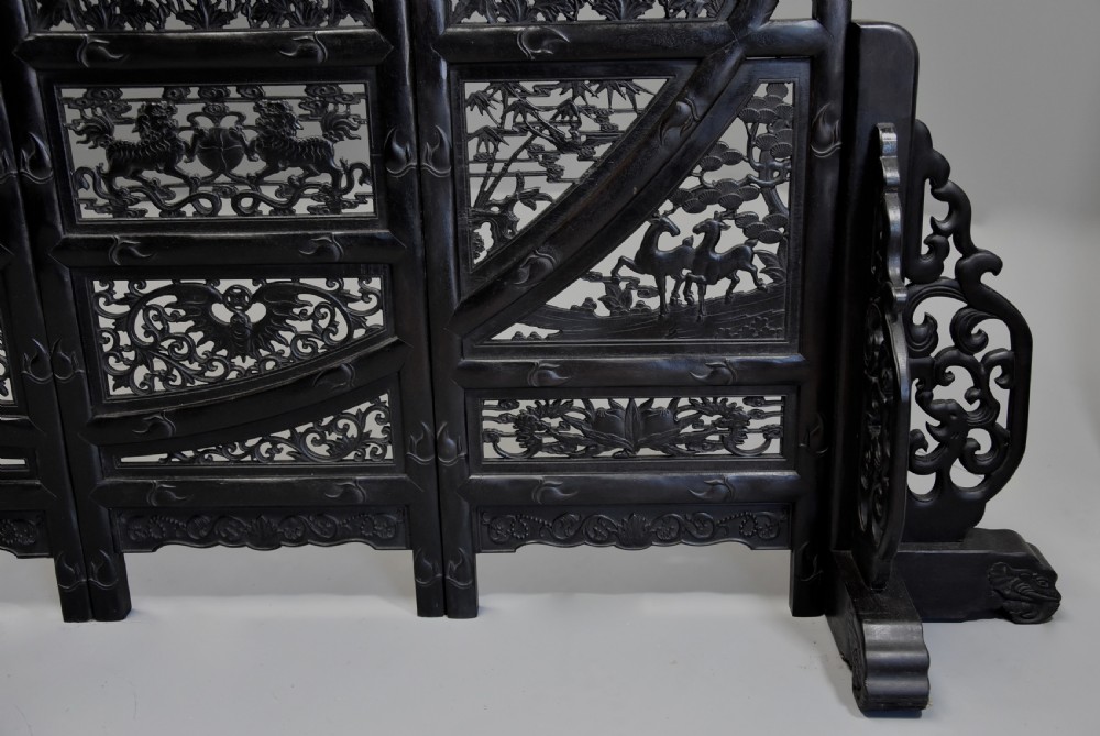 Highly decorative & excellent quality large Chinese circular carved hardwood four panel screen View XII