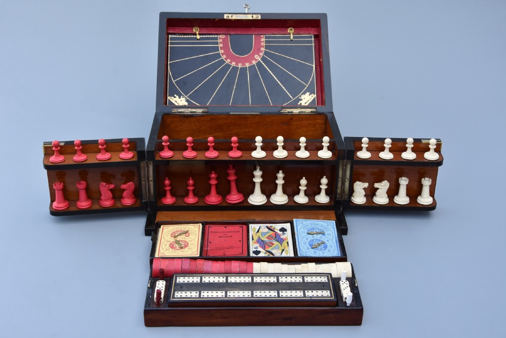Late 19th century coromandel fitted games compendium by 'Leuchars & Son, 38 & 39 Piccadilly, London'