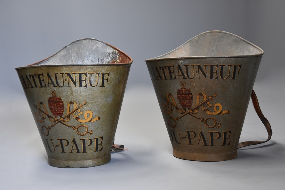 Highly decorative pair of galvanised metal grape carriers with painted decoration View IV