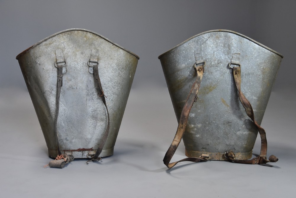 Highly decorative pair of galvanised metal grape carriers with painted decoration View X