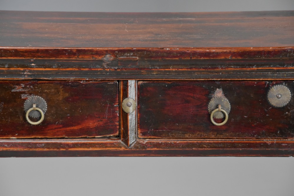 Late 19thc Chinese elm two drawer side table of large proportions View VI