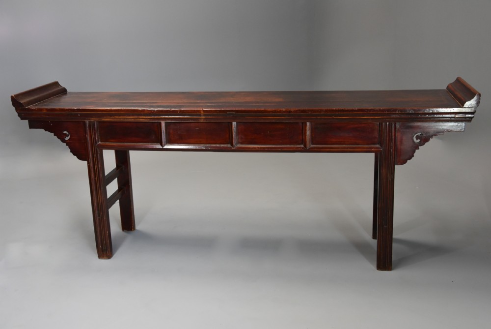 Late 19thc Chinese elm two drawer side table of large proportions View XII