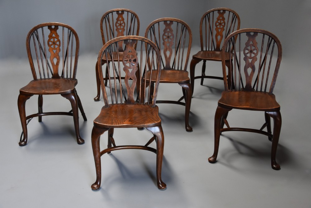 Superb set of six ash and beech wheelback Windsor chairs with cabriole leg