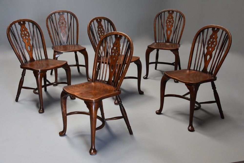 Superb set of six ash and beech wheelback Windsor chairs with cabriole leg View III