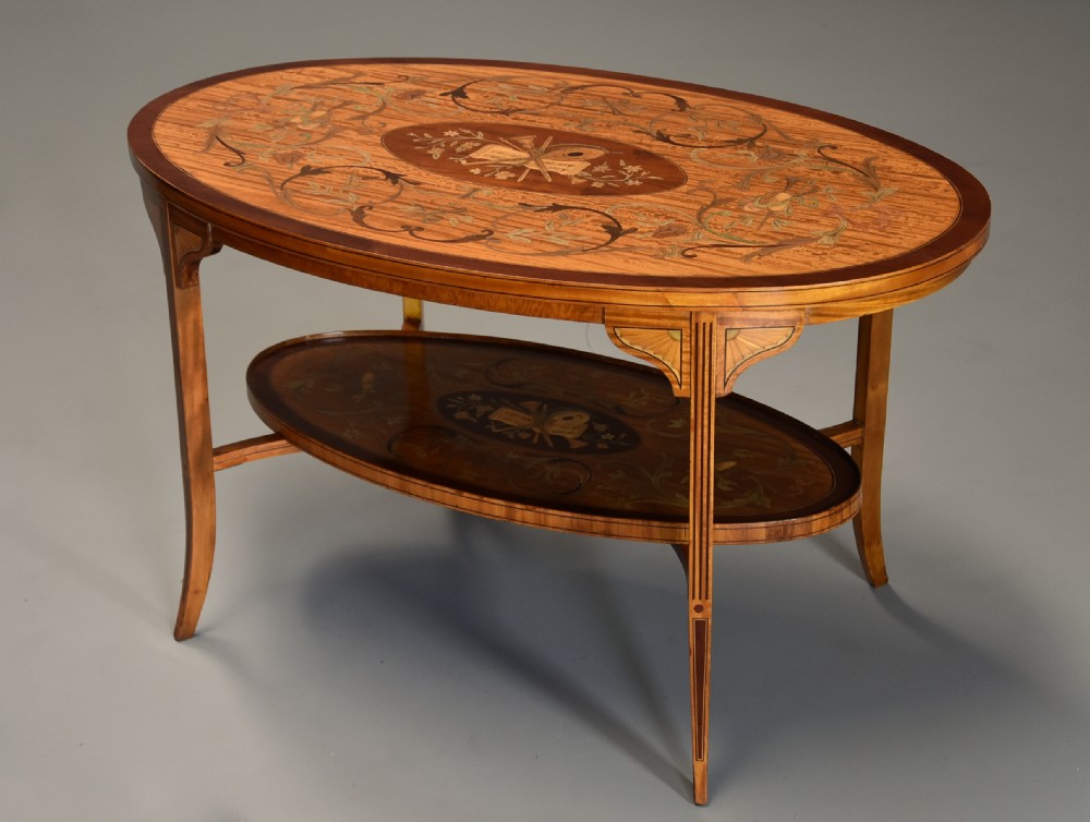 Superbly fine quality Edwardian inlaid satinwood 2 tier coffee table of oval form