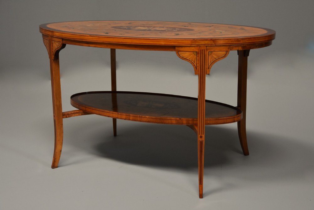 Superbly fine quality Edwardian inlaid satinwood 2 tier coffee table of oval form View III