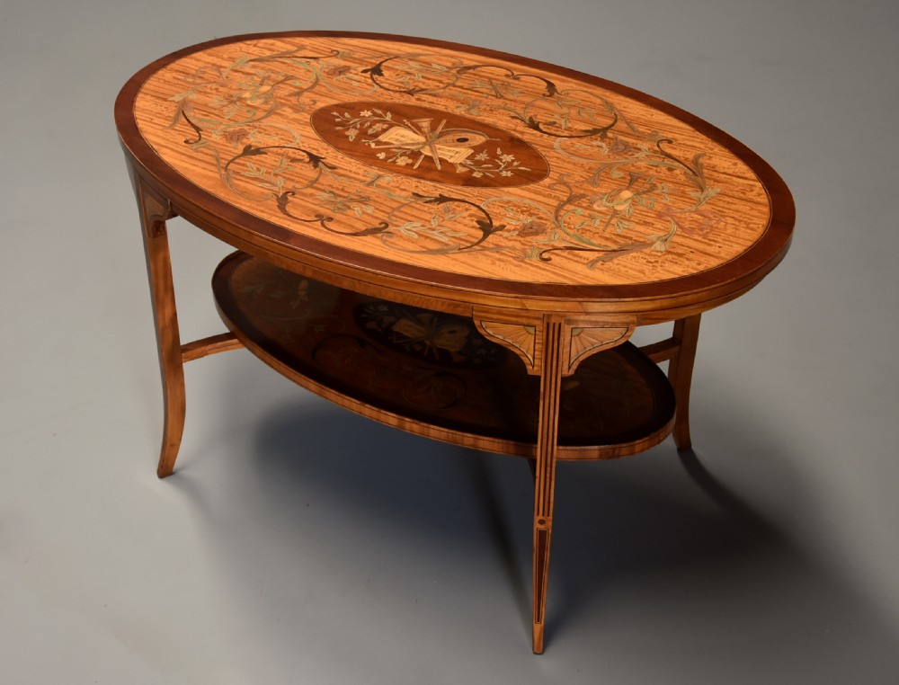 Superbly fine quality Edwardian inlaid satinwood 2 tier coffee table of oval form View VI
