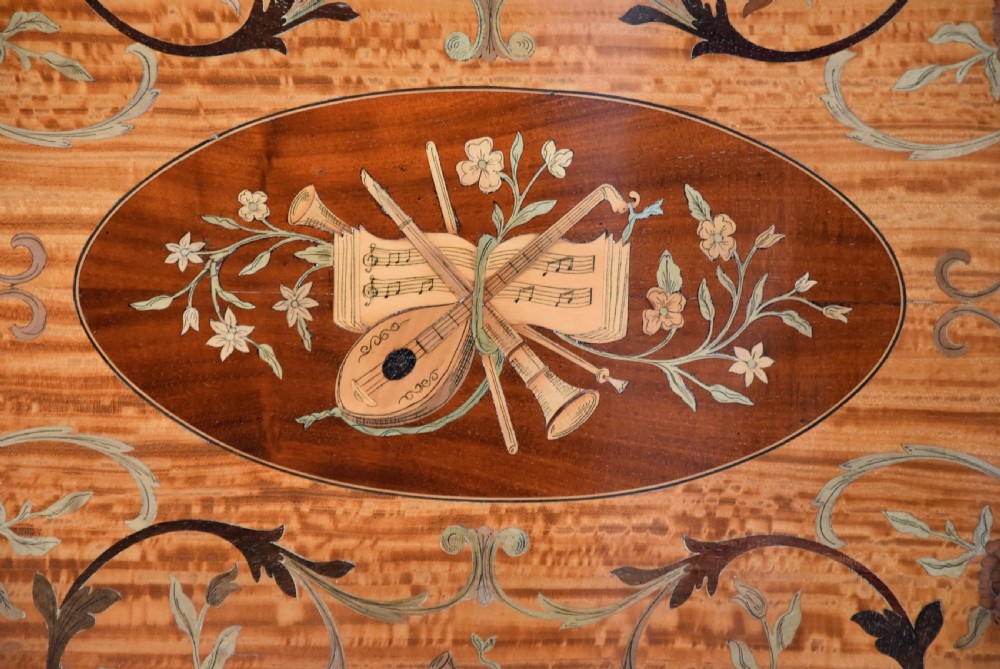 Superbly fine quality Edwardian inlaid satinwood 2 tier coffee table of oval form View VIII