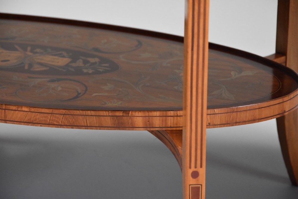 Superbly fine quality Edwardian inlaid satinwood 2 tier coffee table of oval form View X