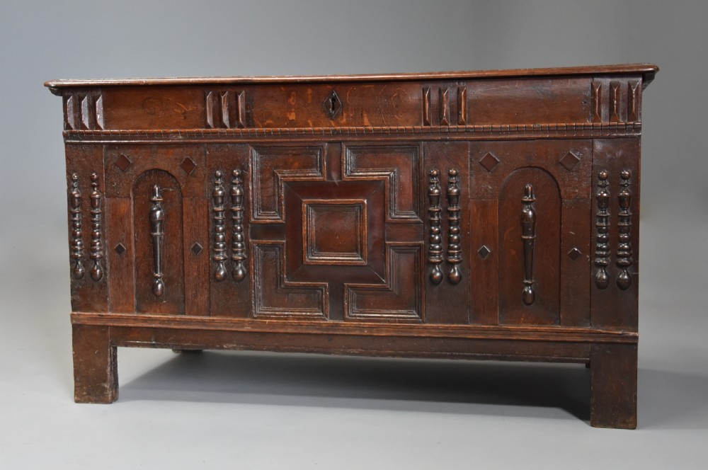 Rare mid-late 17th century oak moulded front coffer with fine patina View III