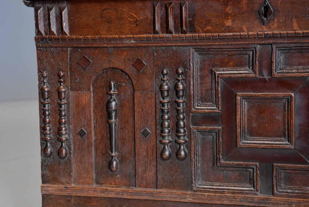 Rare mid-late 17th century oak moulded front coffer with fine patina View V