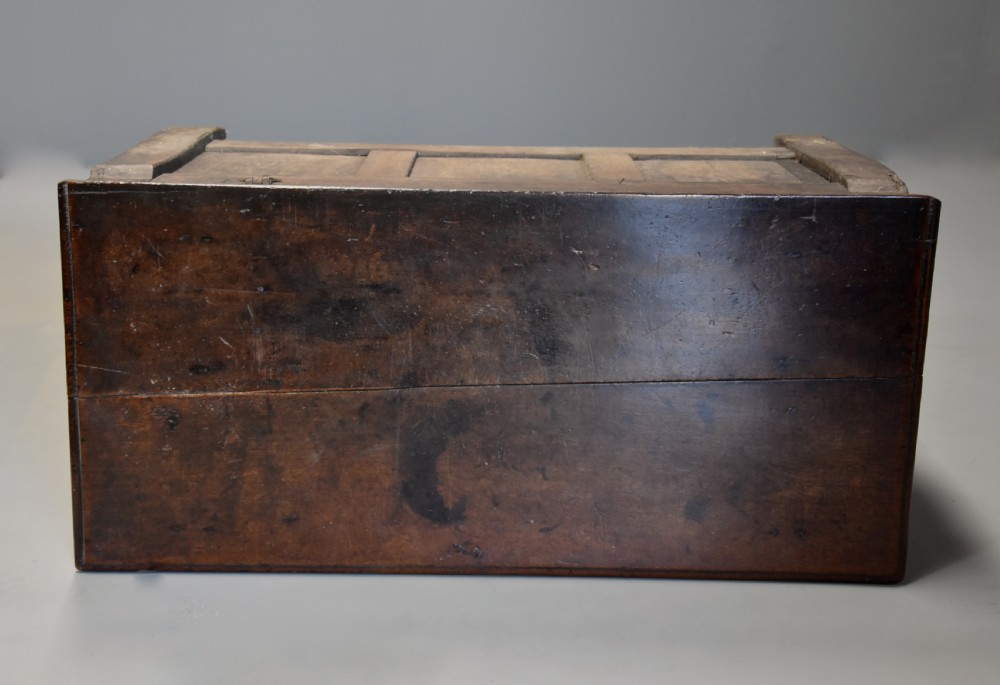 Rare mid-late 17th century oak moulded front coffer with fine patina View X
