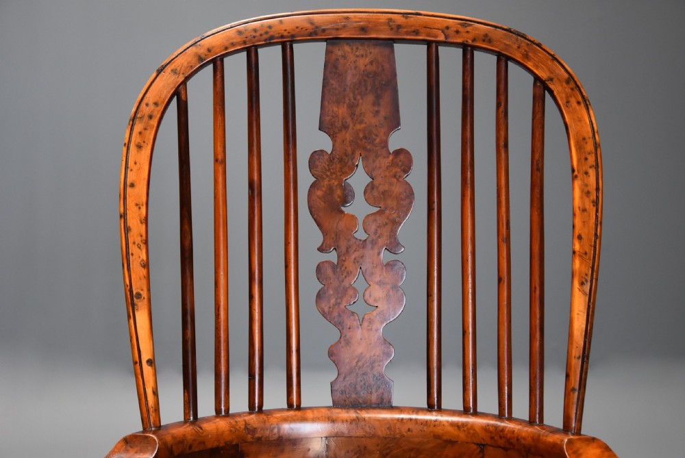Superb rare set of eight 19th century burr yew broad arm high back Windsor armchairs of superb patina View VII