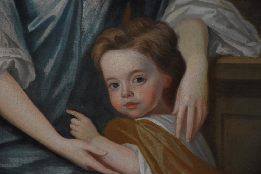 Large early 18th century portrait oil on canvas 'Lady & Child', attributed to Michael Dahl (1659-1743) View IV
