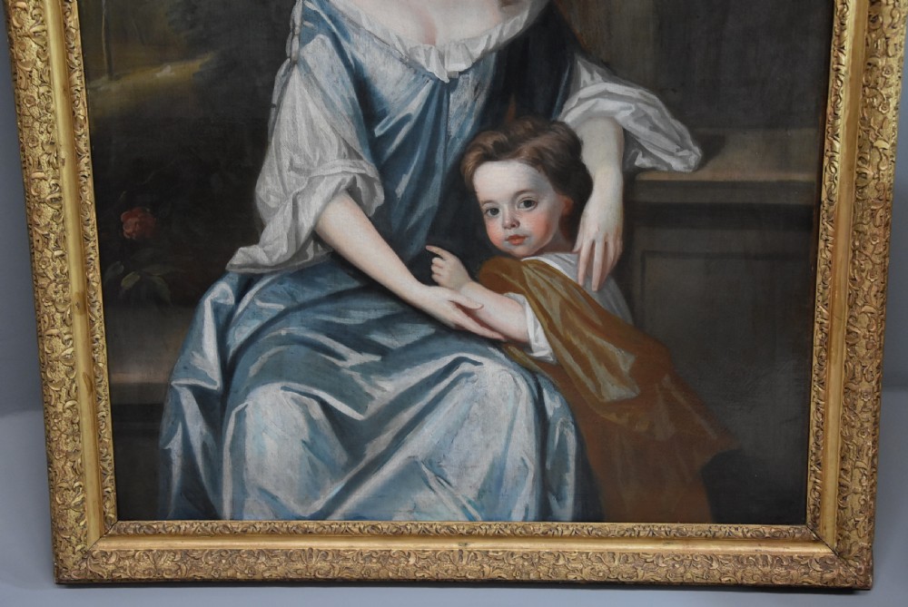 Large early 18th century portrait oil on canvas 'Lady & Child', attributed to Michael Dahl (1659-1743) View V
