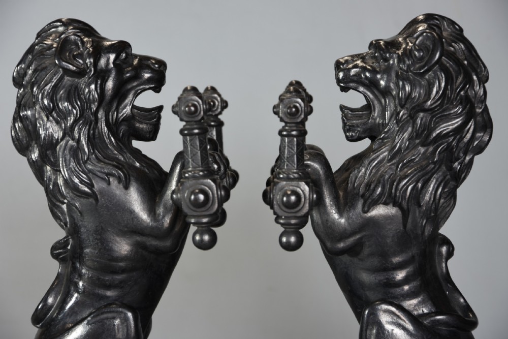 Pair of fine quality late 19th century cast iron fire dogs in the form of lions View IV