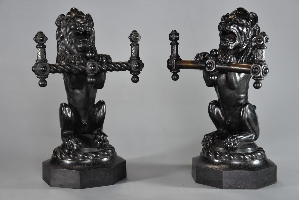 Pair of fine quality late 19th century cast iron fire dogs in the form of lions View VI
