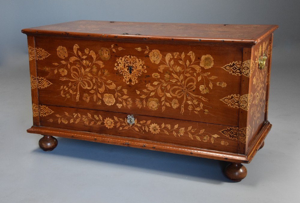 Rare superb quality mid 19thc highly decorative Continental floral marquetry teak chest View II