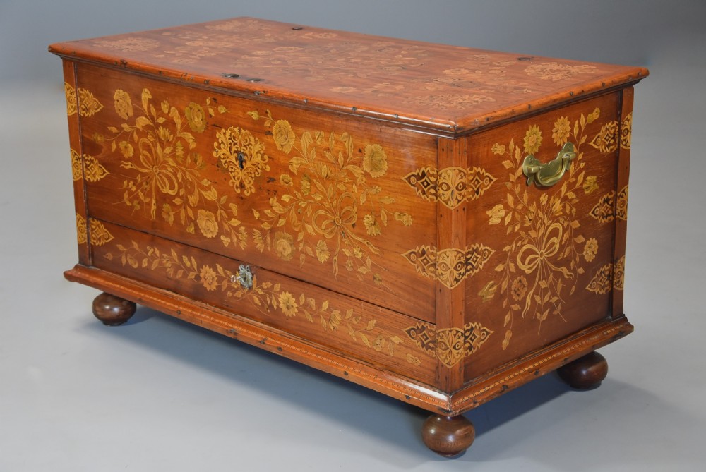Rare superb quality mid 19thc highly decorative Continental floral marquetry teak chest View IV