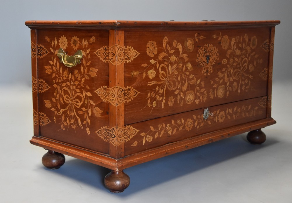 Rare superb quality mid 19thc highly decorative Continental floral marquetry teak chest View V