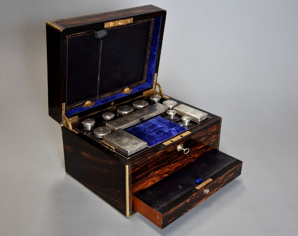 Superb quality late 19th century coromandel and brass bound travelling vanity box