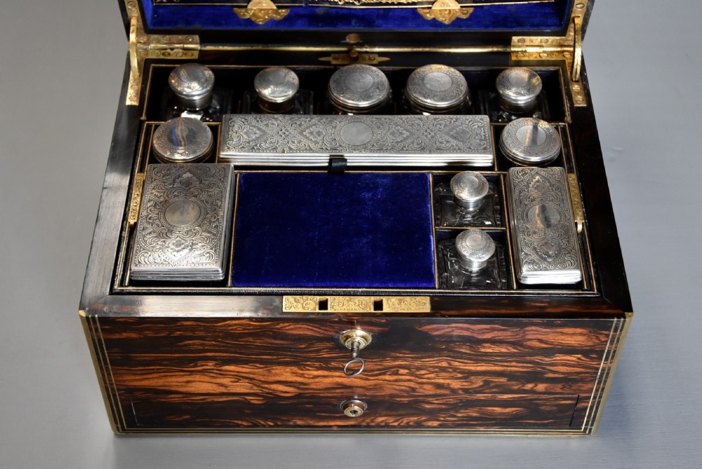 Superb quality late 19th century coromandel and brass bound travelling vanity box View VI