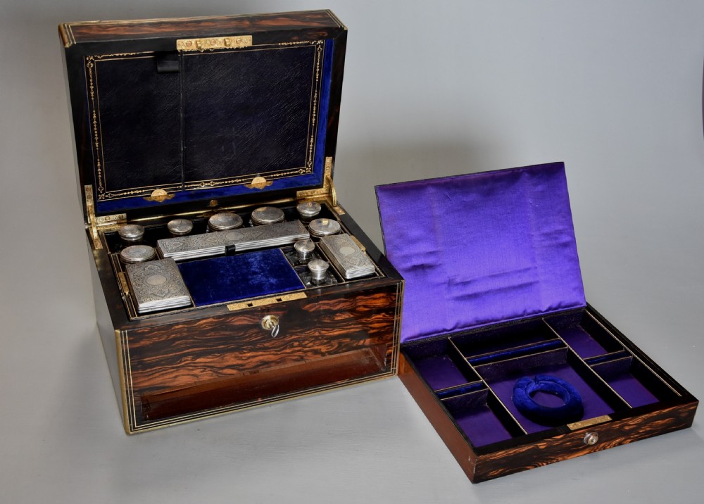 Superb quality late 19th century coromandel and brass bound travelling vanity box View XI