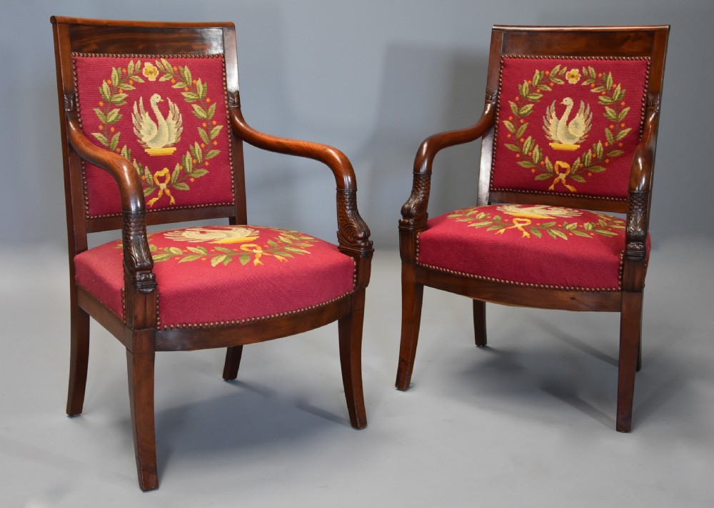 Pair of 19th century French Empire mahogany fauteuils or open armchairs