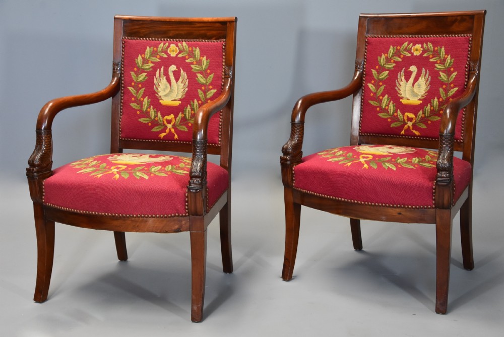 Pair of 19th century French Empire mahogany fauteuils or open armchairs View II