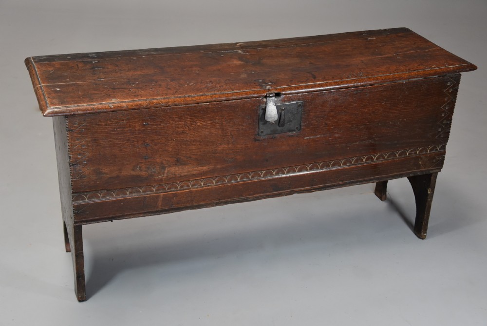 Late 17th century oak six plank coffer with excellent patina narrow proportions
