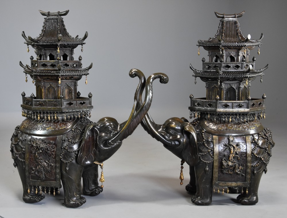 Pair of large fine quality late 19thc Japanese Meiji bronze elephant incense burners or koro