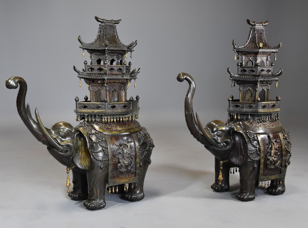 Pair of large fine quality late 19thc Japanese Meiji bronze elephant incense burners or koro View III