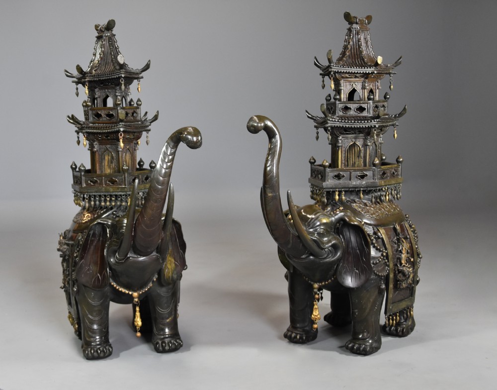 Pair of large fine quality late 19thc Japanese Meiji bronze elephant incense burners or koro View IV