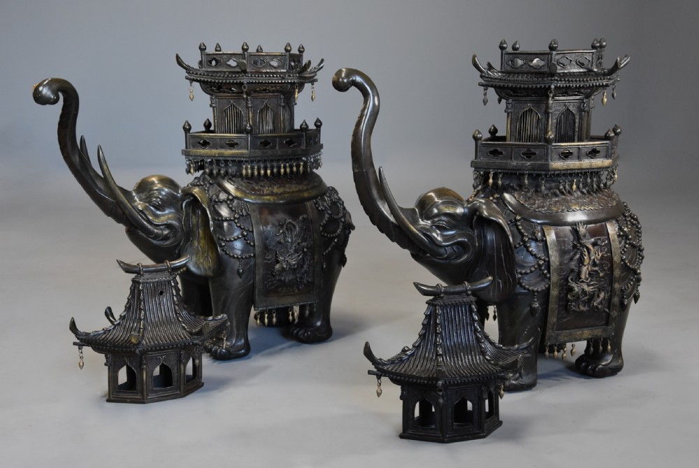 Pair of large fine quality late 19thc Japanese Meiji bronze elephant incense burners or koro View XI