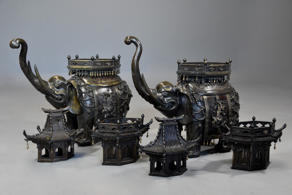 Pair of large fine quality late 19thc Japanese Meiji bronze elephant incense burners or koro View XII