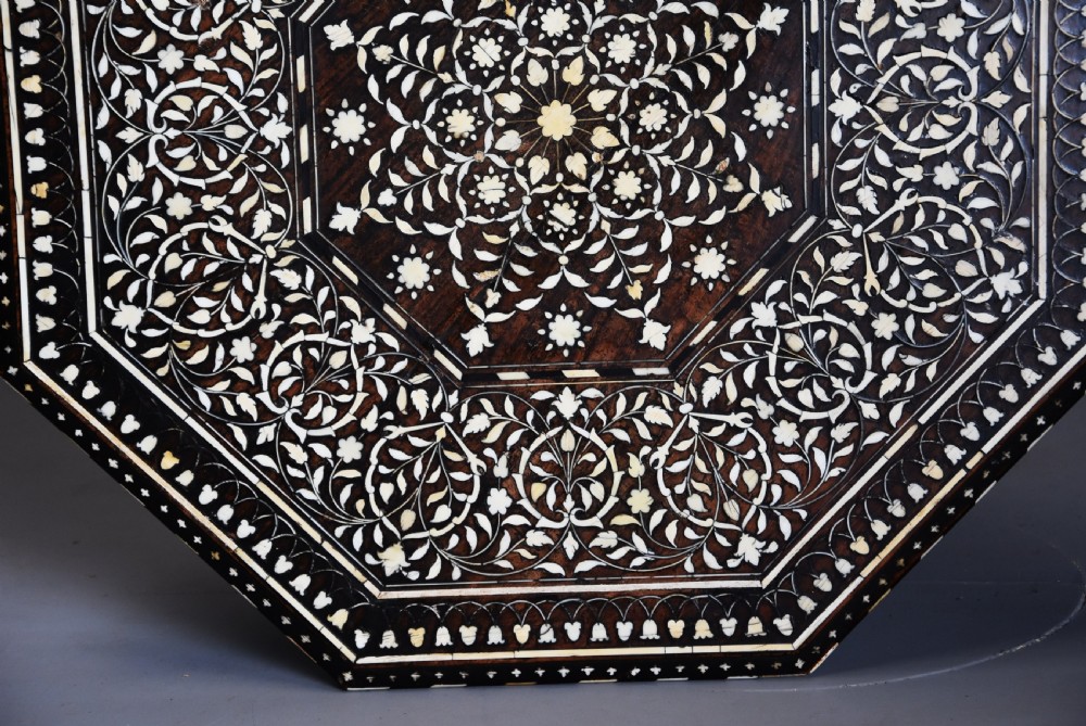 Superb quality late 19th century ivory inlaid hardwood Anglo Indian octagonal table View X