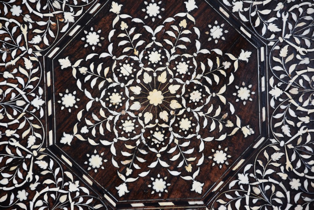 Superb quality late 19th century ivory inlaid hardwood Anglo Indian octagonal table View XI