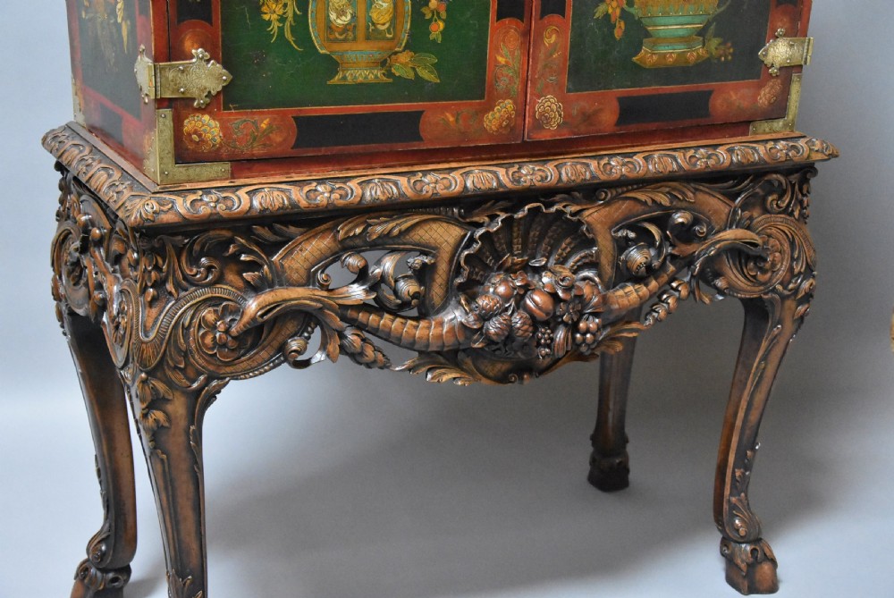 Superb quality English early 20th century George II style lacquered cabinet on stand View XIII