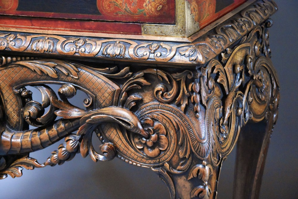 Superb quality English early 20th century George II style lacquered cabinet on stand View XIV