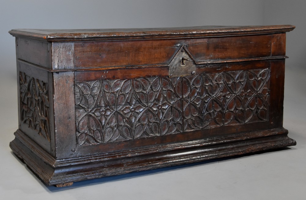 Extremely rare French early 16th century fruitwood (cherry) coffer of superb patina