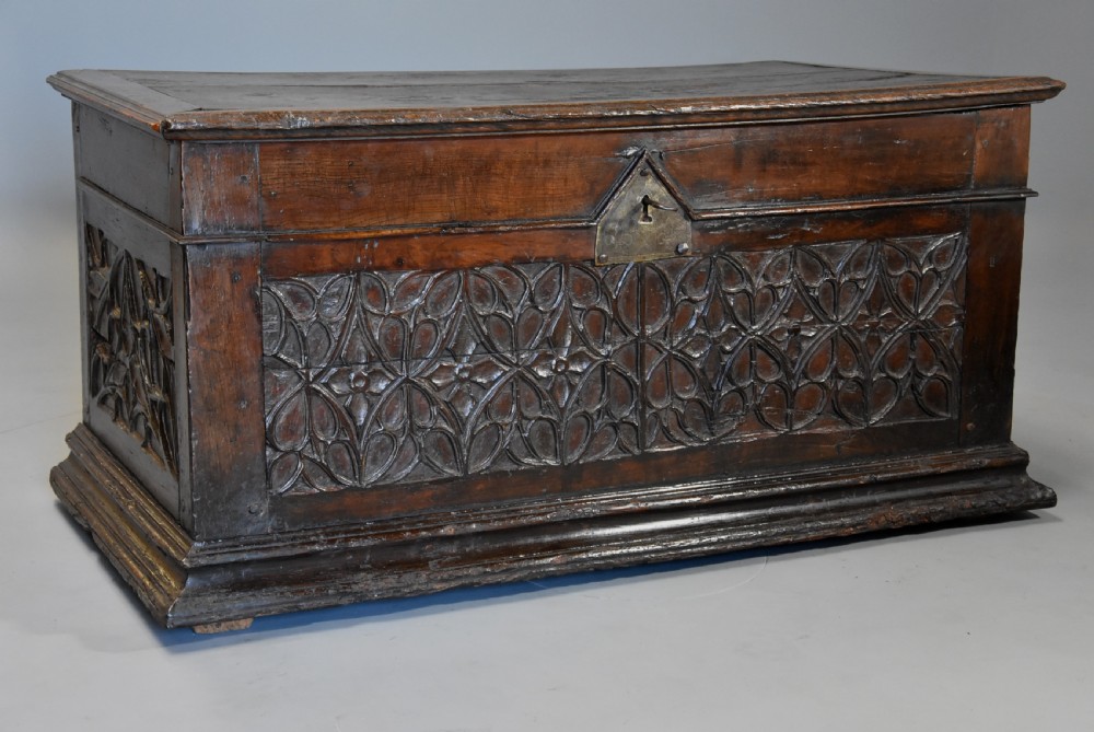 Extremely rare French early 16th century fruitwood (cherry) coffer of superb patina View III