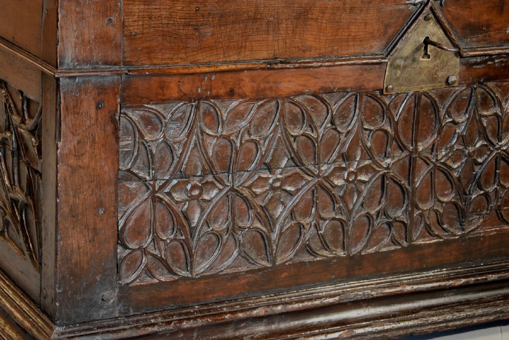 Extremely rare French early 16th century fruitwood (cherry) coffer of superb patina View V
