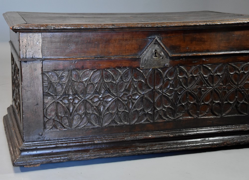 Extremely rare French early 16th century fruitwood (cherry) coffer of superb patina View VI